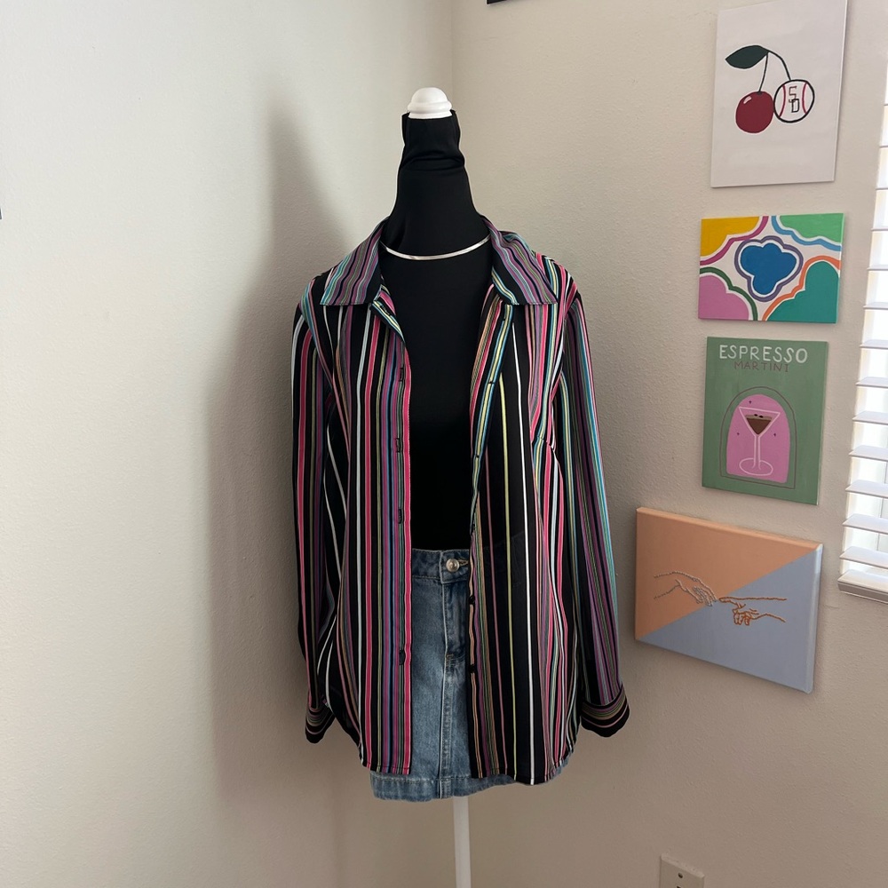Zoé Sheer Multicolor Striped Button-Up Blouse (S)
